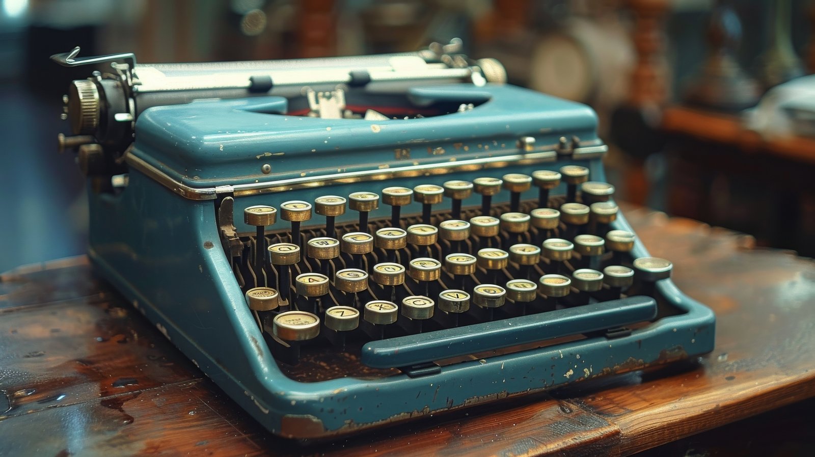 Old Blue Typewriter on Wooden Table